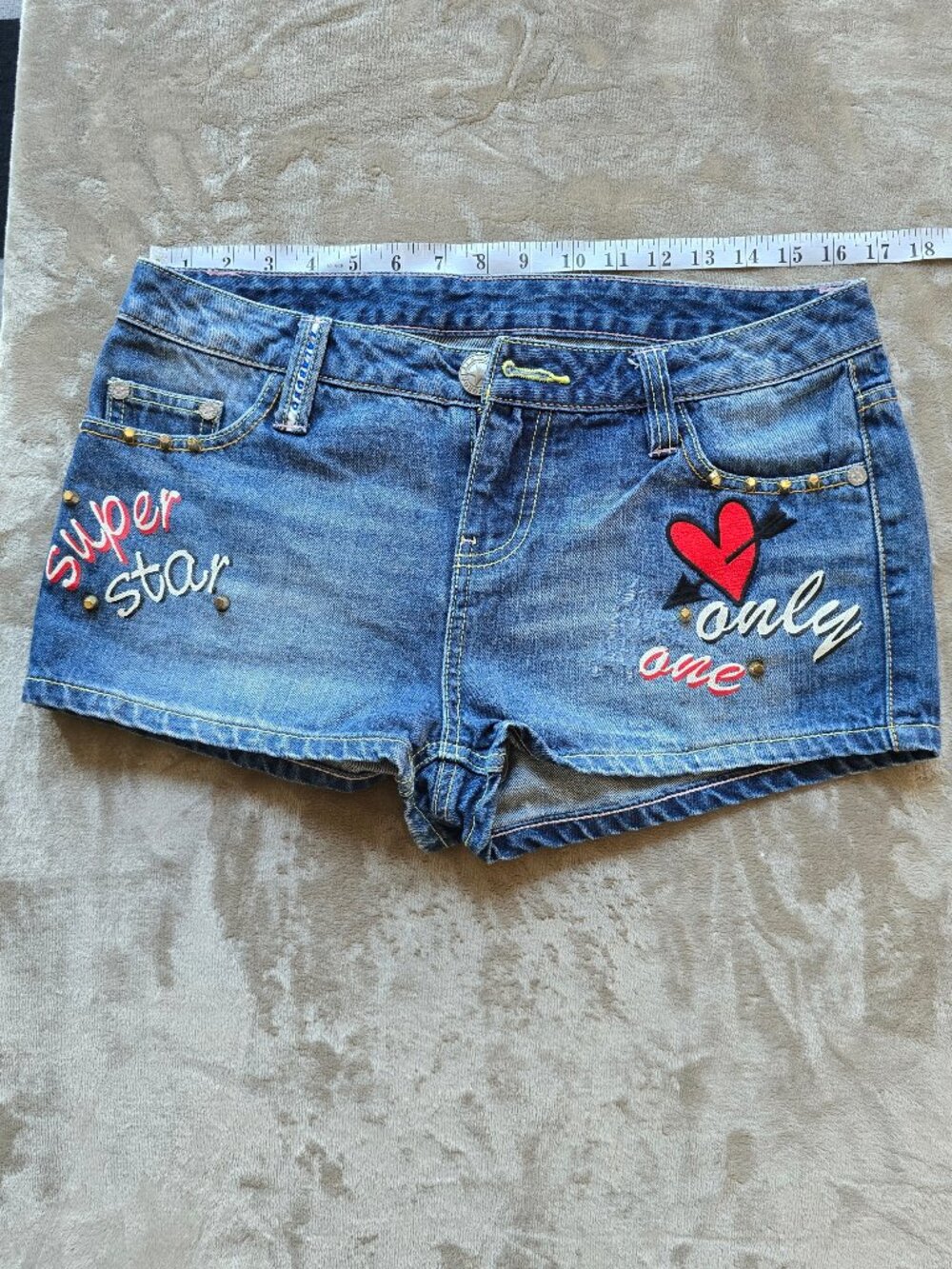 LALABOBO Blue Denim Graphic Shorts Embroidered Heart Smiley Stars Y2K